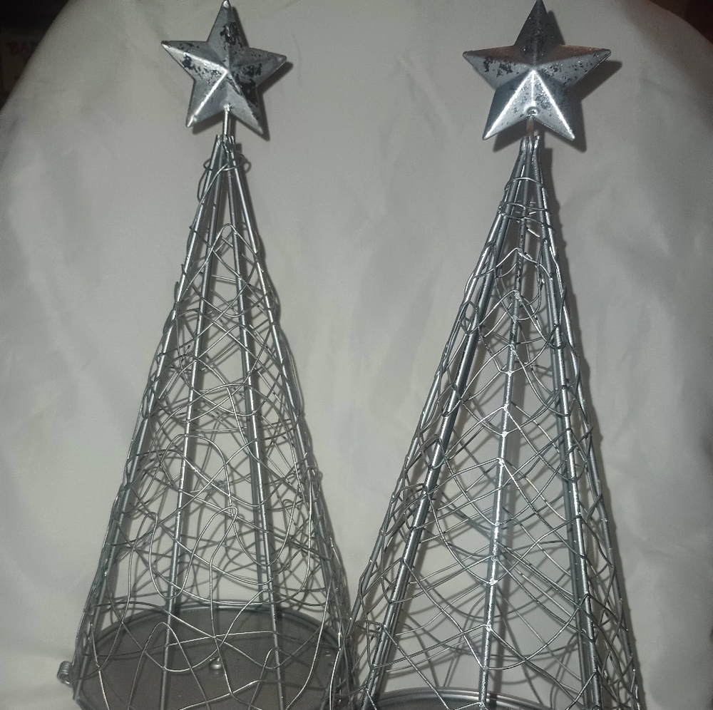 Two tabletop "to be filled" Christmas trees, silver.